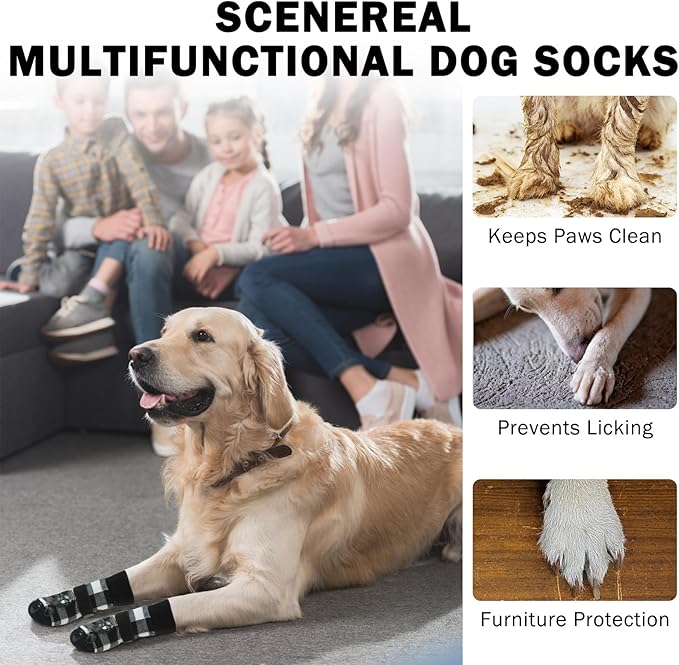 SCENEREAL 6Pcs Anti Slip Dog Socks to Prevent Licking Paws for Hot/Cold Pavement, Dog Grippy Socks for Hardwood Floors, Dog Shoes for Boots & Paw Protectors for Puppy Small Medium Large Senior Dogs