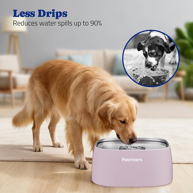 Upgrade No Spill Water Bowl for Dogs, 135oz/4L All Stainless Steel Dog Water Bowl with Non-Slip Base, Spill Proof for Medium Large Messy Drinkers, Anti Splash, Slow Drinking, Slobber Stopper, Pink