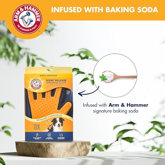 Arm & Hammer Deodorizing Dog Grooming Glove with Fragrance Transfer Technology – Scented Deshedding Dog Brush for Bathing, Pet Hair Removal Glove, Sweet Lily & Vanilla Scent