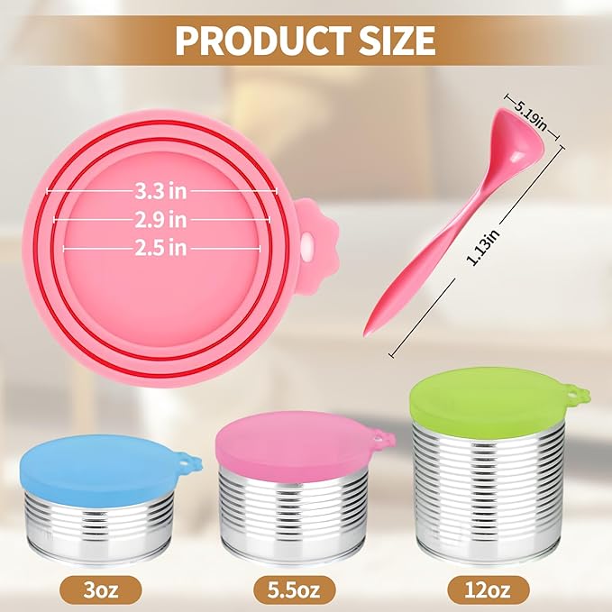 6-Pack Pet Food Can Lids, Silicone Dog Food Lids for Cans, Universal Wet Cat Food Lid Covers, Leakproof Reusable Plastic Can Covers, One Fits 3 Standard Sizes with Matching Scoops, Multicolored