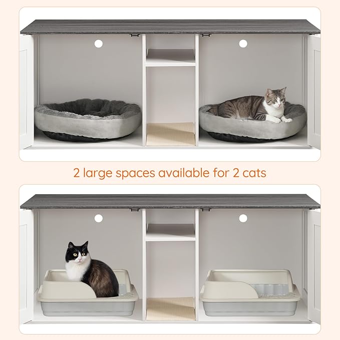 HOOBRO Double Litter Box Enclosure, Modern Cat Litter Box Furniture with Storage and Mat Design, Farmhouse Hidden Litter Box Enclosure with 2 Hooks, White and Charcoal Gray BW23MW01