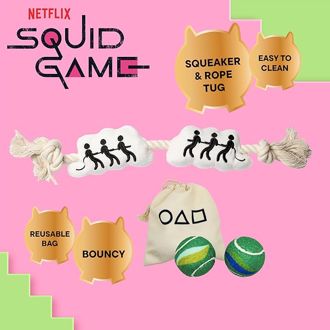 design LAB, Inc. Squid Game Official Merchandise | Outdoor Toys for Dogs Squeaky Balls and Durable Tug Rope Toy | Tug O War & Marble Game Set | Squid Game Collectible Novelty Gift Set