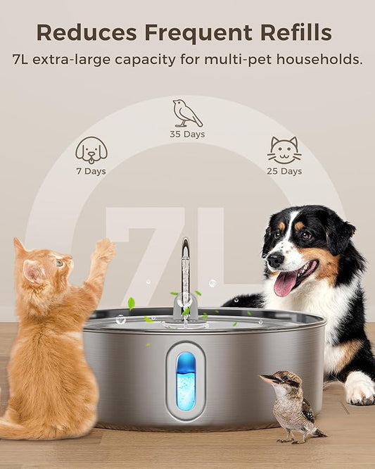 Dog Water Fountain for Large Dogs 7L/236oz Stainless Steel Dog Water Bowl Dispenser Automatic Cat Water Fountain with Deeper Drinking Area, Multi-Filtration Pet Fountain with 6 Filters