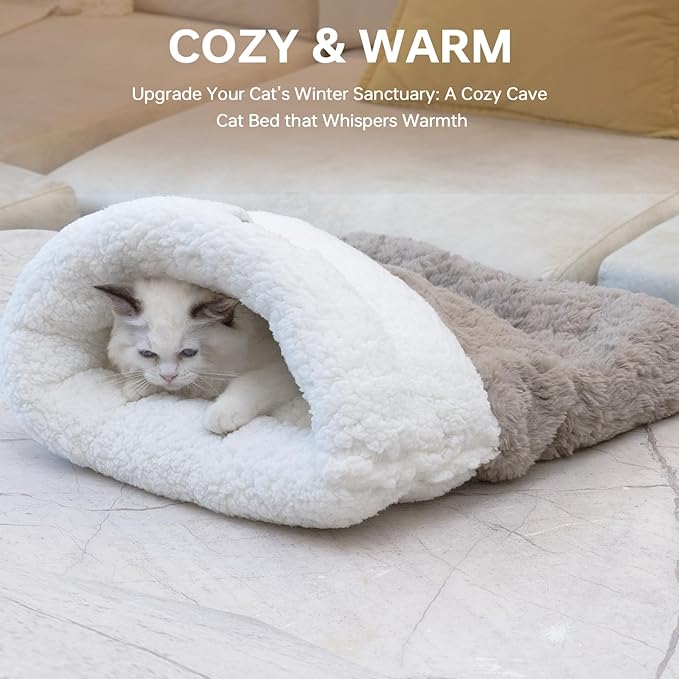 Cat Sleeping Bag 4 in 1 Cute Self Warming Cat Bed Cave with Plush Portable Snuggle Sack/Hideway for Indoor Cats & Small Pets Coffee 21×17 Inch