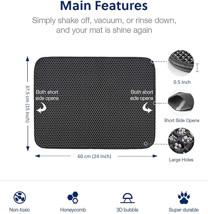 WePet Cat Litter Mat, Kitty Litter Trapping Mat - Medium Size, Honeycomb Double Layer Mats, No Phthalate, Urine Waterproof, Easy Clean, Scatter Control, Catcher Litter Box Rug Carpet 24x15 Inch Black