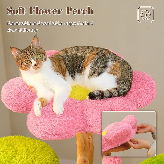 PETEPELA Wood Cat Tree for Large Cats with Flower Perch, 53.5" Modern Cat Tower with Solid Wood Scratching Posts & 2 Spacious Condos, Forest Themed Heavy Duty Cat Furniture for Multi-Cat Household