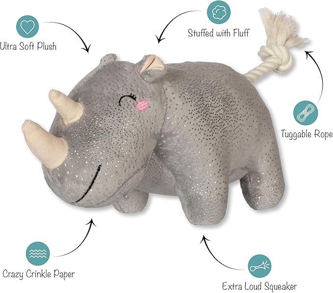 Fringe Studio Plush Dog Toy with Rope, Rhino You Want ME?, Pet Shop Collection (314594)