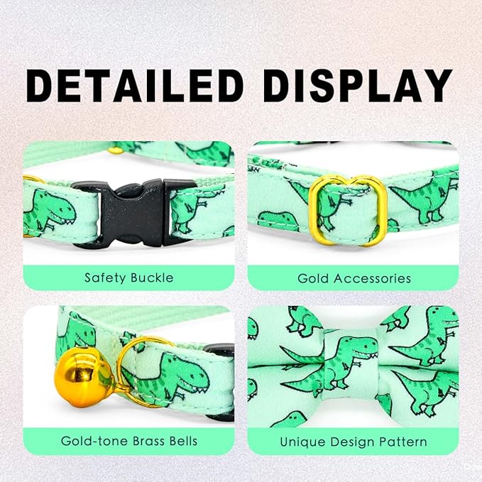 Cat Bow Collar, Green Dinosaur Pattern, Quick Release Safety Buckle, (6" - 10")