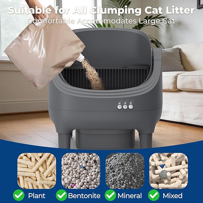Self Cleaning Litter Box, Automatic Cat Litter Box-APP Control, Open-Design Electric Litter Box, Safety Anti-Pinch, Odor-Free Waste Disposal Includes Trash Bags, Suitable for Multiple Cats, Grey