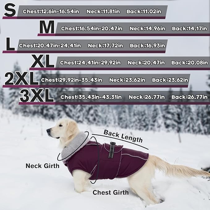 Lelepet Warm Dog Coat Waterproof Dog Jacket for Small Dogs Reflective Fleece Vest with Adjustable Buckle Hook & Loop Windproof Cold Weather Coats for Small Medium Large Dogs, Dark Purple, S