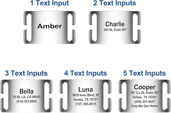 Text ONLY Dog Tags Personalized for Pets Cats Custom ID Laser Deep Engraving Stainless Steel Ultra Durable Up to 5 Text Inputs, Polished Curved Rectangular Arch, Large for 1" Collars