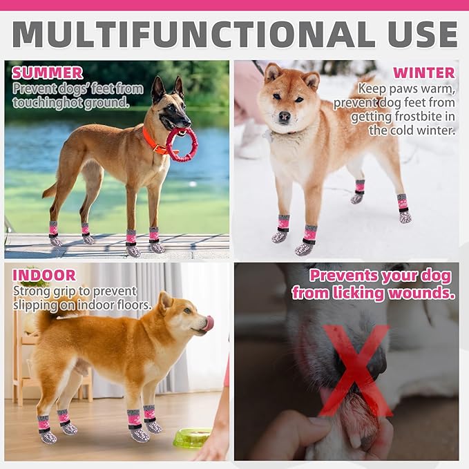 KOOLTAIL Dog Socks for Hot/Cold Pavement to Prevent Licking Paws Scratching,Anti Slip Pet Boots&Paw Protector for Hardwood Floors,Traction Control Grip Booties for Small Medium Large Senior Dogs PinkM