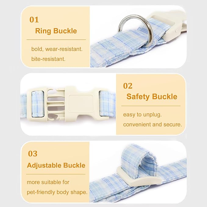 Blue Plaid Dog Collar for Large Dogs, Cute Adjustable Boy Girl Female Pet Collars Summer Puppy Collar with Quick Release Buckle for Small Medium Dogs, Blue Plaid-L