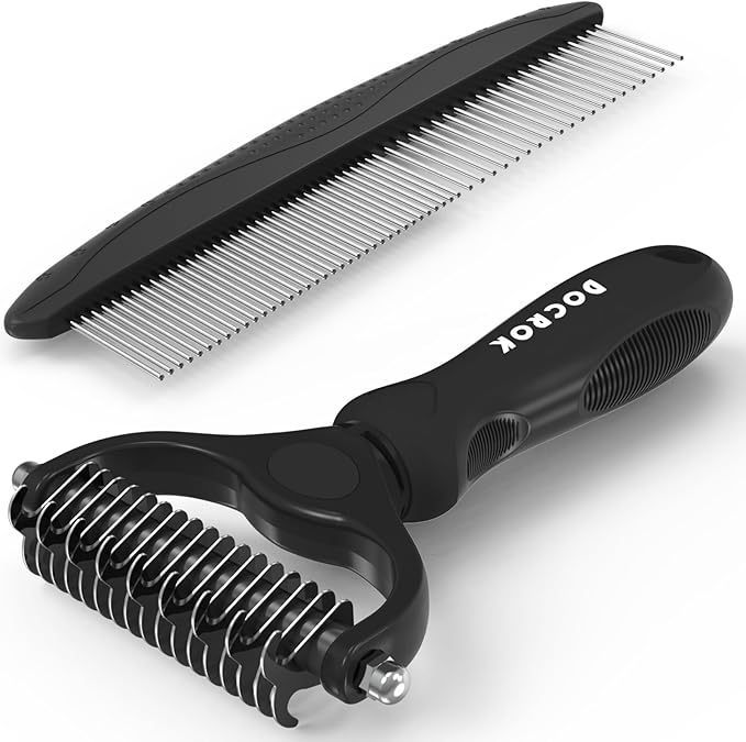 Pet Grooming Combo: Undercoat Rake, Dematting Deshedding Brush for Long-Haired Dogs and Cats, Black