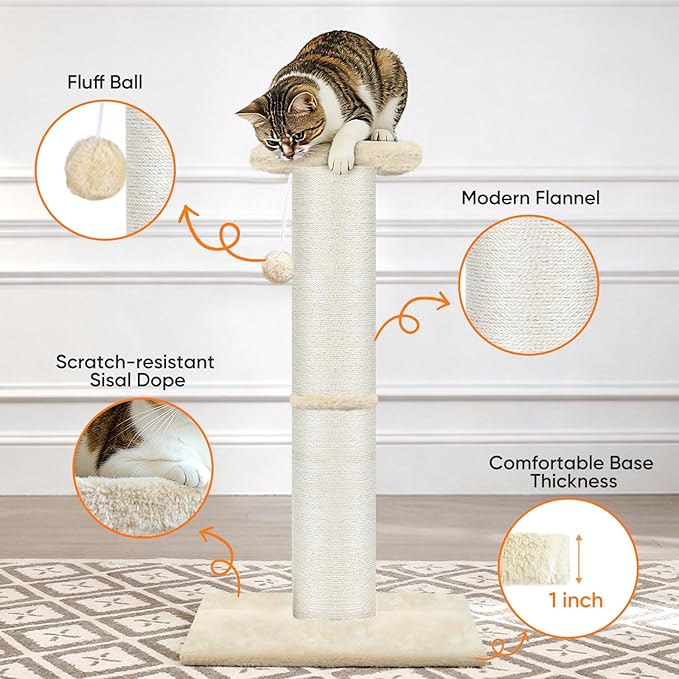 PAWSCRAT Cat Scratching Post 32" Tall, Large Diameter Natural Sisal Cat Scratch Post with Dangling Ball, Scratch-Resistant and Durable Tall Cat Scratcher for Indoor Cats, Protect Your Furniture, Beige