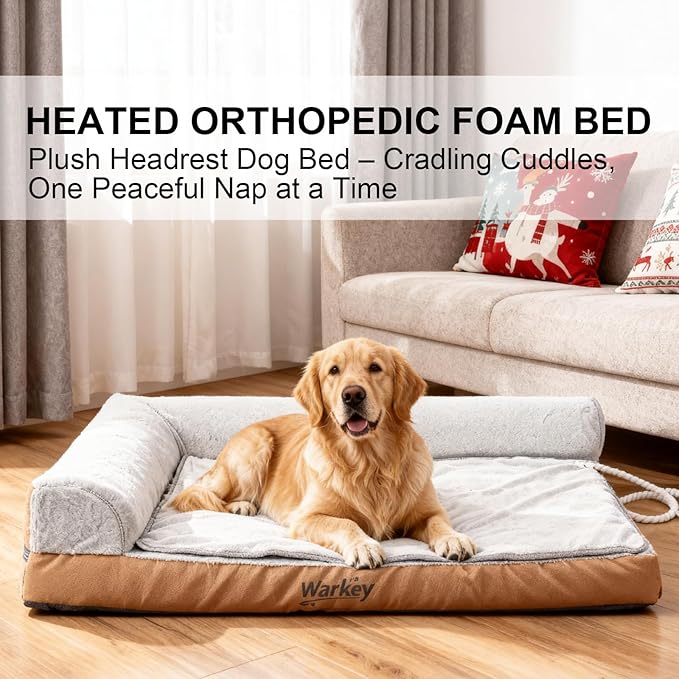 Heated Dog Bed Large Sized Dog, Heated Pet Bed for Large Dogs, Waterproof Couch Memory Foam Dog Sofa Bed with Pet Heating Pad - 35x27.95x6.3in