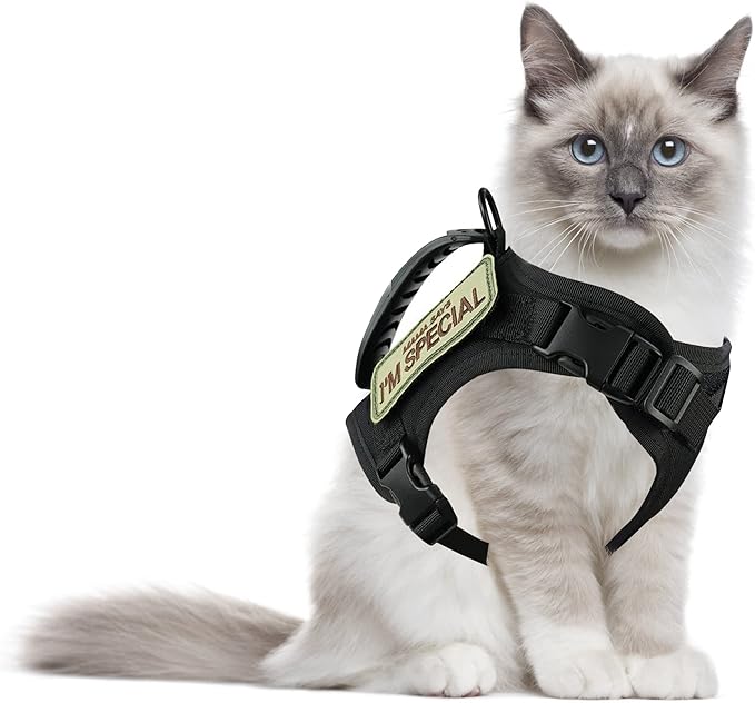 AIWAI Tactical Cat Harness for Walking Escape Proof, Adjustable Pet Vest Harness, Soft Mesh with Control Handle for Large Cat Small Dog, Gift with Patch