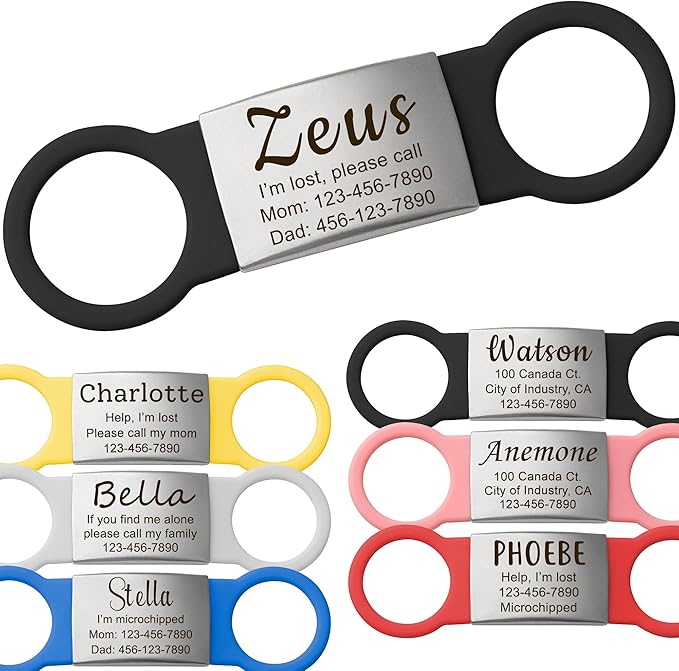 Anavia Slide On Silent Pet ID Tags, S/M/L/XL Personalized Multi-Color Silicone Band Cat Dog Name Tags, Customized Engraved Stainless Steel, Chew-Proof Quiet Dog Collar Tags (Small, Black)