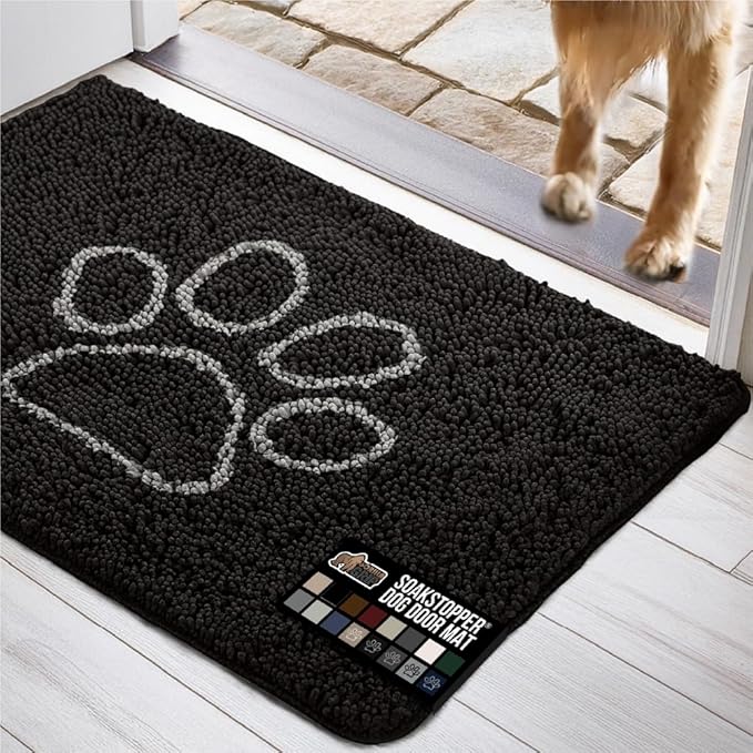 GORILLA GRIP SOAKSTOPPER Dog Door Mat, Machine Washable Rug Absorbent Doormat Captures Moisture Mud Dirt, Quick Dry Soft Chenille Entryway Rugs Indoor Entrance Mats for Dog Paws, 24x17 Black White