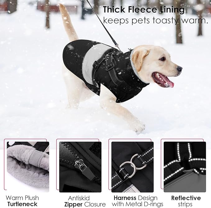 AOFITEE Small Dog Coat, Dog Winter Coat with Harness Built in, Warm Dogs Jacket with Zipper & Polar Fleece Collar, Waterproof Pet Snow Jacket Snowsuit for Schnauzer, Chihuahua Yorkshire, S
