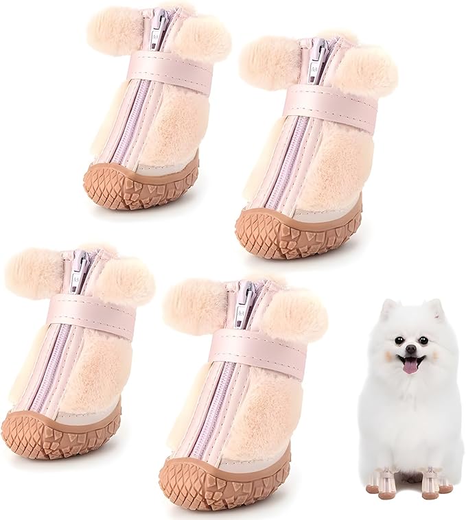 JZXOIVA Dog Shoes for Small Dogs, Fleece Dog Boots Paw Protector for Comfort and Warmth, Dog Booties with Anti-Slip Sole for Winter Snow Hardwood Floors Walking Pink Size 2