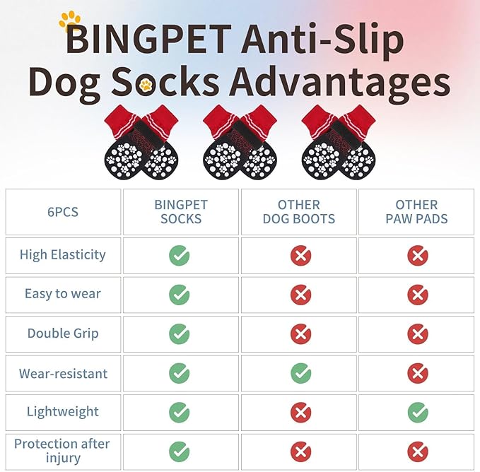 BINGPET 6PCS Dog Socks to Prevent Licking Paws with Grippers for Hardwood Floors Anti Slip, Winter Pet Shoes Booties, Extra-Thick Grip Dog Boots & Paw Protectors for Small Medium Large Senior Dogs, L