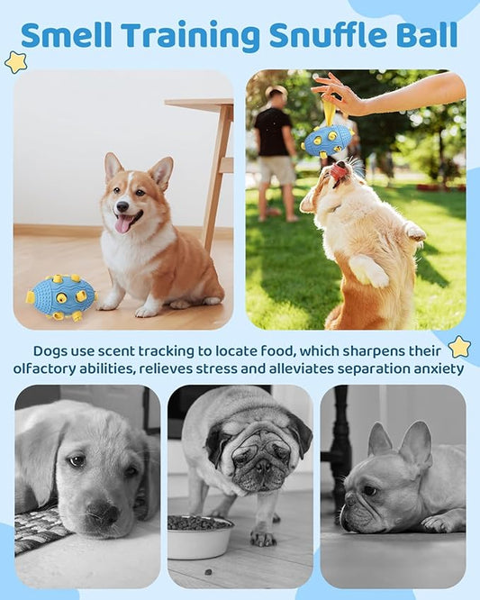 Interactive Dog Toy with Natural Rubber Soccer Design, Dental Care, Pet Energy Relief Brain Teaser Toy, Activity Training Foraging Toy, Mentally Stimulating Slow Feeder Dog Treat Dispenser Blue