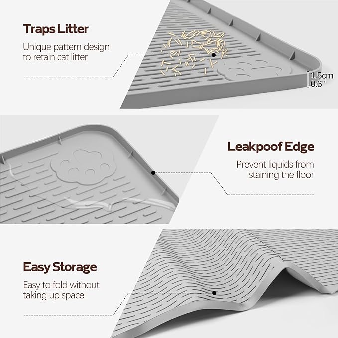 Cat Litter Mat, XL Extra Large 40" x 40" Silicone Mat Litter Trapping Mat for Scatter Control, Soft on Kitty Paws, Easy to Clean (Light Grey)