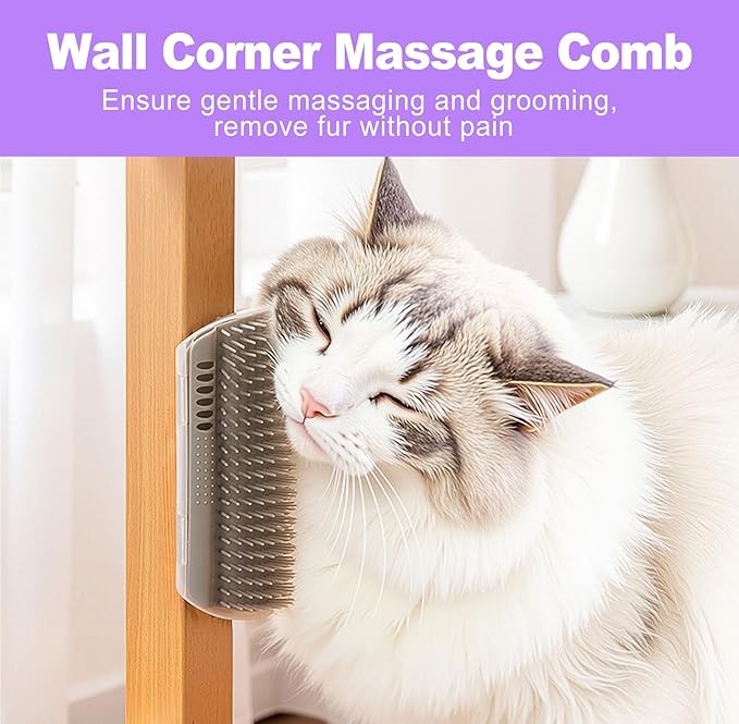 2 Pack Cat Corner Self Groomer, Wall Mounted Grooming Brush for Cats Face Scratcher and Massager Comb for Shedding Interactive Rubbing Tool with Catnip for Indoor Cats