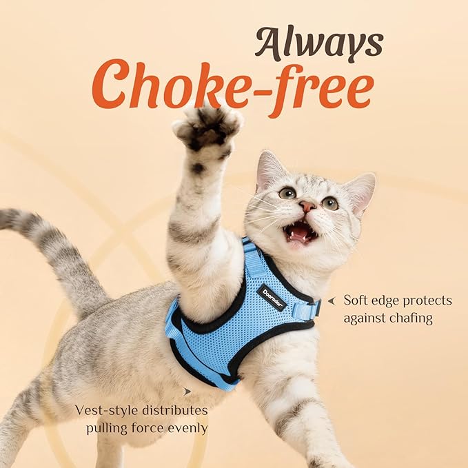 Dooradar Cat Harness and Leash Set, Escape Proof Safe Adjustable Kitten Vest Harnesses for Walking, Easy Control Soft Breathable Mesh Jacket with Reflective Strips for Cats,Light Blue, XS