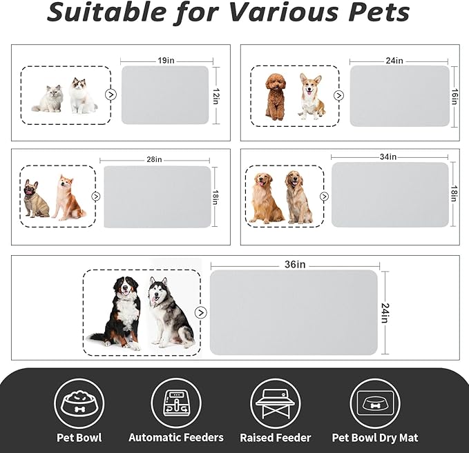 Dog Food Mat - Absorbent Cat Mat for Food and Water, No Stains Pet Feeding Bowl Mat, Easy to Clean Pet Placemats, Quick Dry Dog Water Dispenser Mat for Messy Drinkers | Light Grey 24"x36"