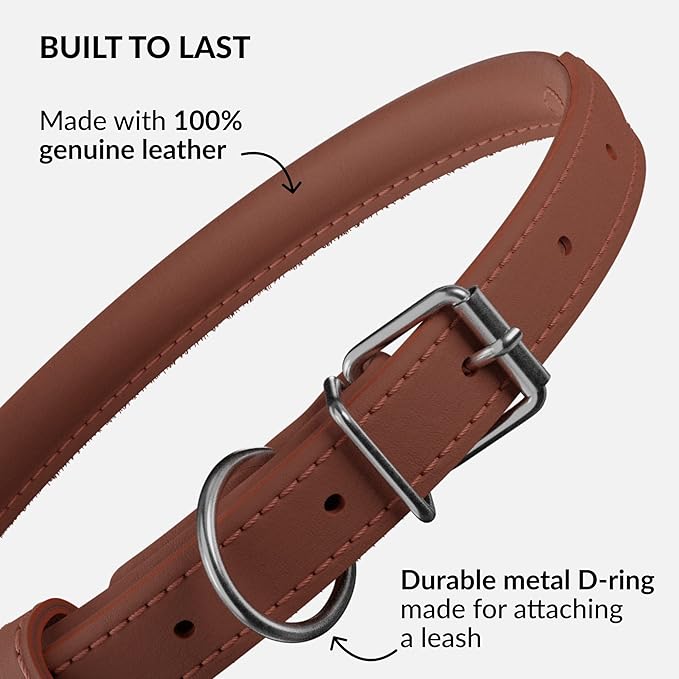 CollarDirect Rolled Leather Dog Collar, Soft Padded Round Puppy Collar, Handmade Genuine Leather Collar Dog Small Large Cat Collars 13 Colors (18-22 Inch, Cinnamon Smooth)