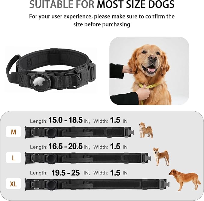 Upgraded Airtag Dog Collar Waterproof, Adjustable GPS Training Nylon Dog Collar with AirTag Holder, Control Handle and Quick-Release Buckle for Medium and Large Dogs (Black, M)