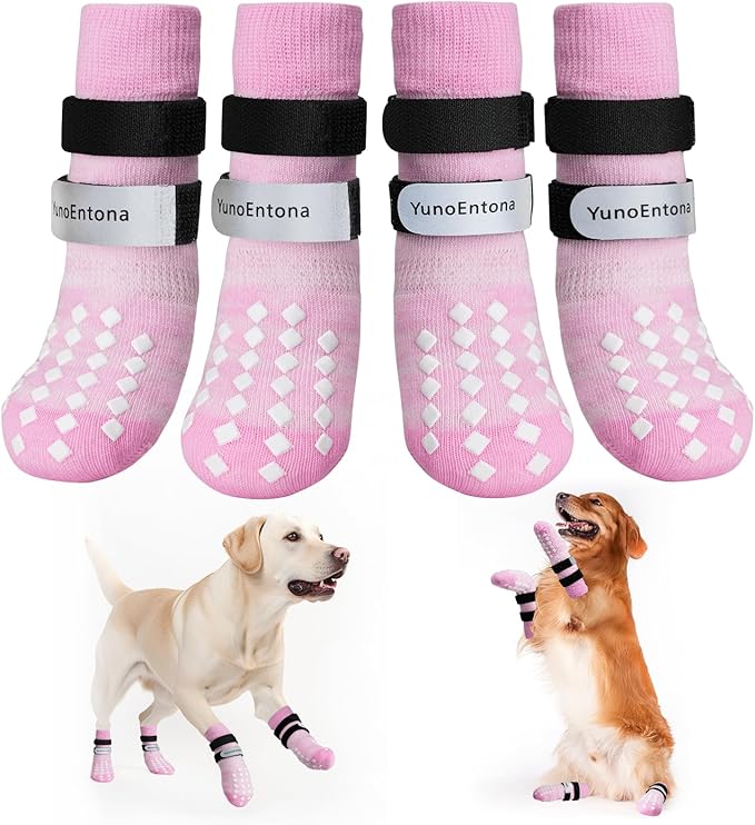 Non Slip Dog Socks to Prevent Licking Paws - for Hardwood Floors Anti Slip - Grippy Socks for Senior Dog - Double Elastic Reflective Straps Prevent Scratching for Hot Pavement. (Pink, L)