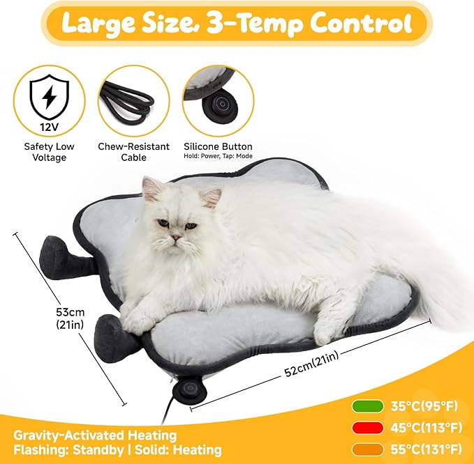 Heated Cat Bed for Indoor Pets Cat Heating Pad Extra Large Electric Pet Heated Pad Adjustable Temp Pet Heating Pads with Removable Cover Biscuits Grey 21"X 21"