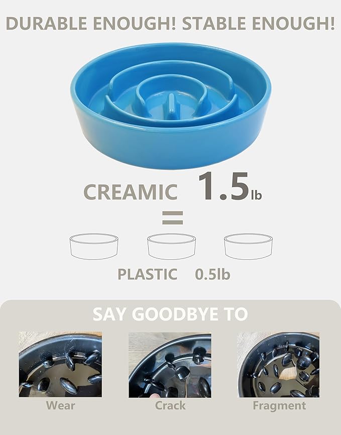 Ceramic Slow Feeder Dog Bowls Elevated, 0.6 Cup Slow Feeder for Small Dogs and Cats, Puzzle Maze Bowl, Prevents Choking, 6in, Blue