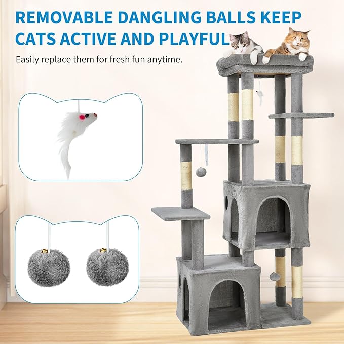 Cat Tree - 157cm Tall, Sisal Wrapped Scratching Post, Cat Nest, Hanging Ball, Extended Platform
