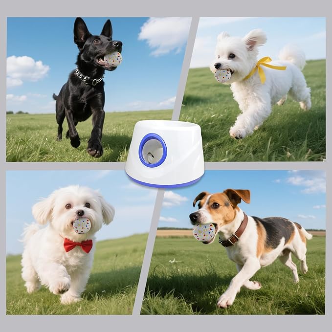 RERBIO Dog Ball Thrower Launcher, Automatic Ball Launcher for Dogs, 3 Adjustable Distance Settings, Indoor Outdoor Interactive Toy, with 3 2.3-inch Balls, Small/Medium Sized Dog Thrower