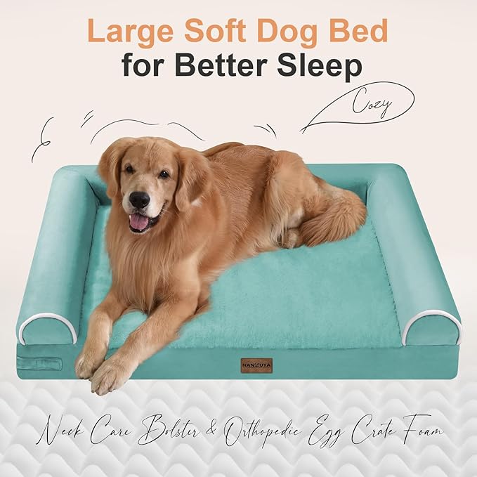 Large Dog Bed Orthopedic Washable: Jumbo Dog Bed Bolster Extra Large Dogs Egg Crate Foam Sofa Couch Waterproof Removable Cover - Aqua Blue