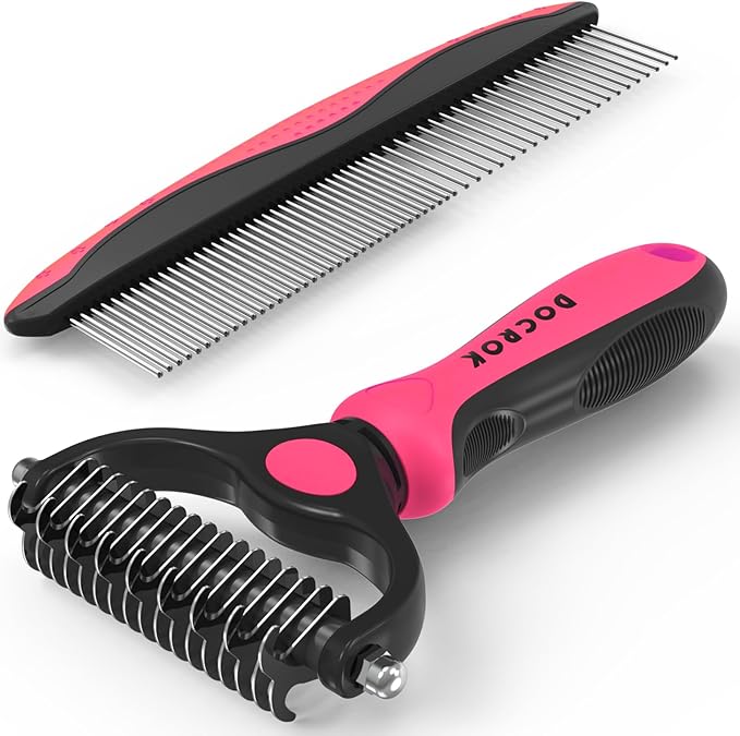 Pet Grooming Brush & Comb Combo, Cat & Dog Brush for Shedding & Dematting, Undercoat Rake for Long-haired Pets, Pink