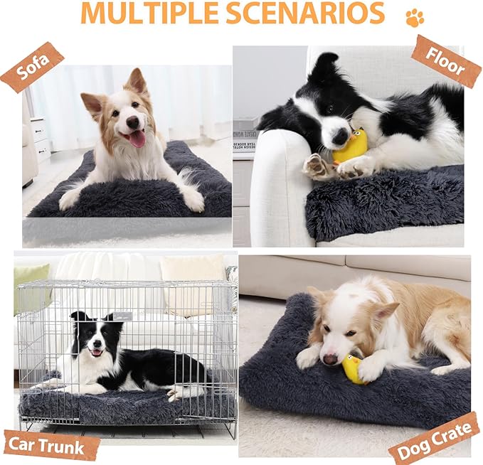 Orthopedic Dog Beds Medium/Large Sized Washable Removable Cover, Plush Dog Bed Waterproof Lining NonSkid Bottom, Crate Foam Pillow Mattress Fluffy Anti Anxiety Pet Pad 35x23 Inch, Dark Grey