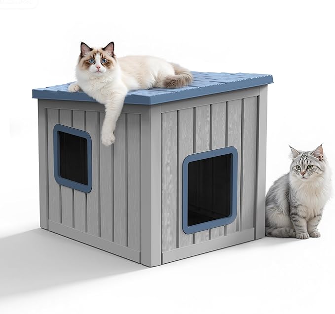 Cat House Outdoor Waterproof,Resin Cat Shelter Feral,Easy to Clean Durable Slanted Top,Cat Bed for Cats and Easy to Assemble (Blue, 24.65 * 21.5 * 22.21in)