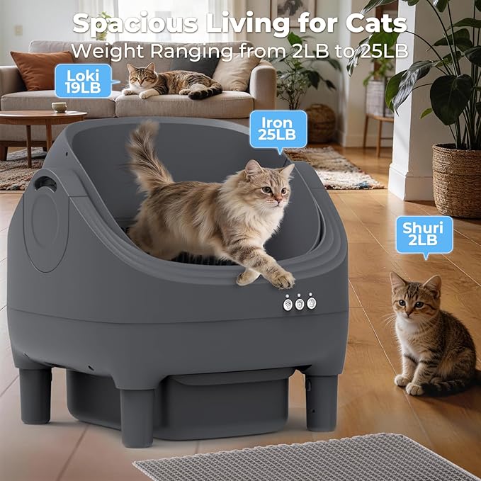 Self Cleaning Litter Box, Automatic Cat Litter Box-APP Control, Open-Design Electric Litter Box, Safety Anti-Pinch, Odor-Free Waste Disposal Includes Trash Bags, Suitable for Multiple Cats, Grey