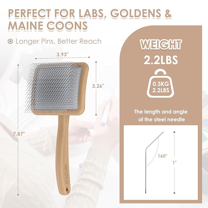 Large Long Pin Slicker Brush & Comb for Poodles, Goldendoodles & Cockapoos, Long Hair Dogs & Cats, Detangler Brush for Shedding & Matted Fur, Ergonomic Wooden Handle, Leather Sleeves. Natural