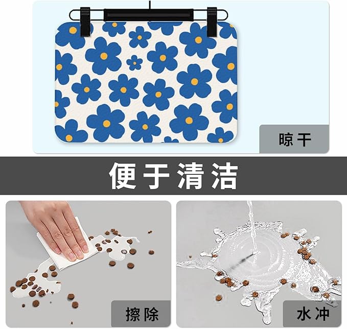 Dog Food Mat for Floors Absorbent,Quick Dry Cat Pet Feeding Placemats with Non Slip Rubber for Dog Food and Water Bowl, Pet Supplies for Dogs, Cats(40x60cm,Blue Flower Pattern On Cream)