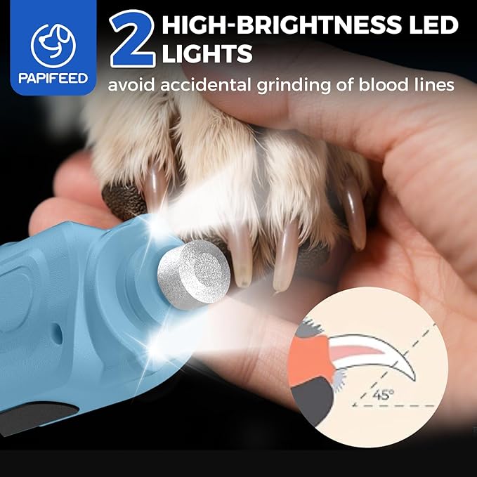 PAPIFEED High Torque Dog Nail Grinder Quiet - 6-Speed Adjustable Dog Nail Trimmers with 2 LED Lights & Dust-Proof Cover, Powerful Motor for Large/Medium/Small Dogs & Cats, Rechargeable - Dark Blue Kit