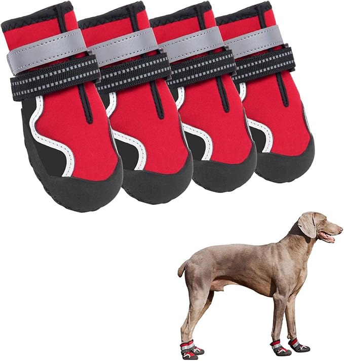 Dog Shoes Small Medium Large Size Dogs, Puppy Booties Paw Protector for Hot Pavement, Non-Slip Waterproof Rubber Reflective Strapped Boots (Red, Size 5#: (2.8 * 2.4) (L*W) for 40-55lbs)