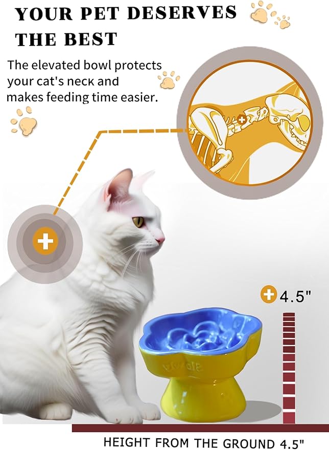 Ceramic Raised Slow Feeder Cat Bowl, Elevated Tilted Anti-Vomiting Pet Bowl for Cats & Small Dogs - Cute Flower Design, Non-Slip Base, Shallow Wide Dish for Dry/Wet Food (Blue, 5.8 Inch)