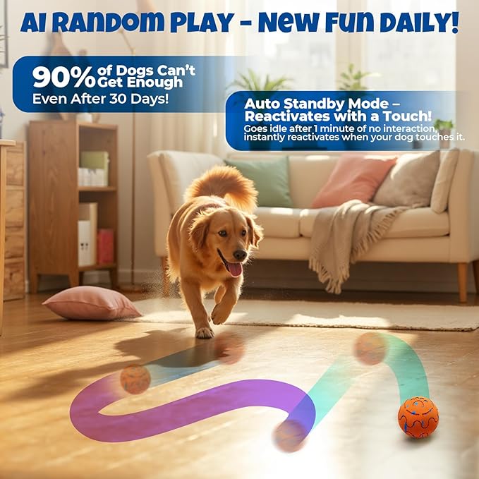 Fsitego Dog Balls: Interactive Dog Ball Auto Rolling - Interactive Dog Toys for Aggressive Chewers - Bouncy & Throwable, Type-C Rechargeable, Washable, for Small & Medium & Large Dogs – Orange
