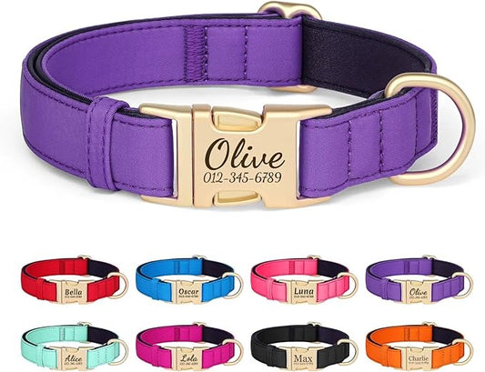 PET ARTIST Personalized Dog Collars, Colorful Purple Custom Dog Collar with Silent Engraved ID Tag, Lightweight Breathable Nylon & Soft Padded, Matching Leash & Poop Bag for Medium Dogs,M Fit 13-20"